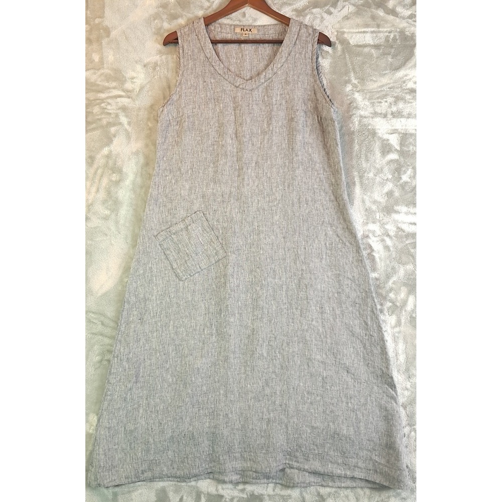 FLAX Linen Shift Dress Womens Small S Gray White Striped Sleeveless Pocket Boho